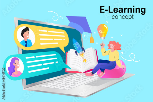 E-learning, video tutorial, online education. home schooling. Modern workplace, open book on laptop screen. Web courses or tutorials concept. Flat vector.