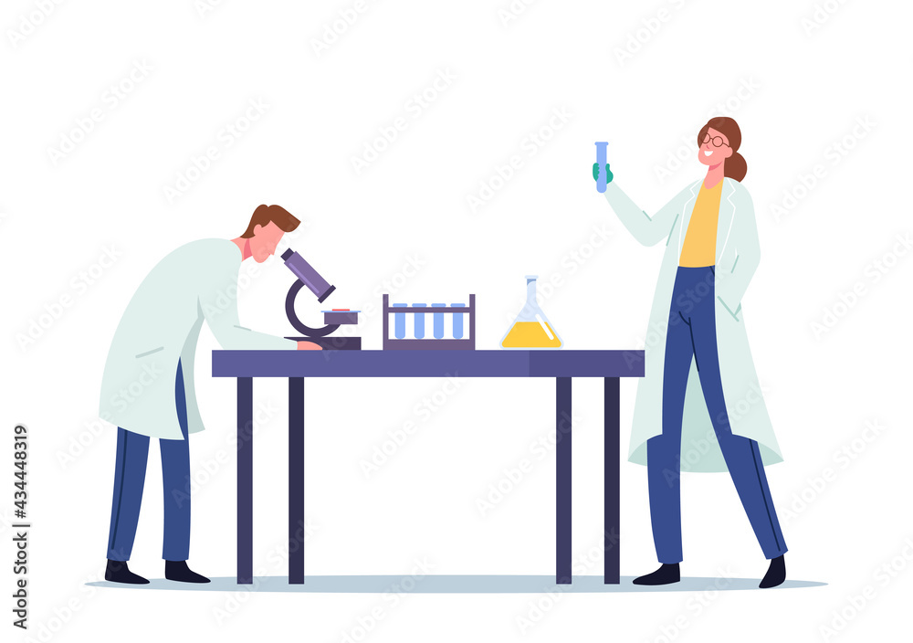 Scientists Conduct Experiment and Scientific Research in Science Laboratory, Man Look in Microscope, Woman Holding Flask Scientists Conduct Experiment and Scientific Research in Science Laboratory, Man Look in Microscope, Woman Holding Flask