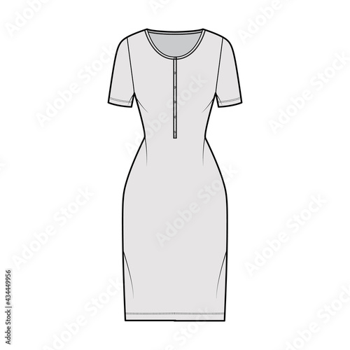 Dress henley collar technical fashion illustration with short sleeves, fitted body, knee length pencil skirt. Flat apparel front, grey color style. Women, men unisex CAD mockup