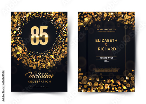 85th years birthday vector black paper luxury invitation double card. Eighty five years wedding anniversary celebration brochure. Template of invitational for print dark background with bokeh lights photo