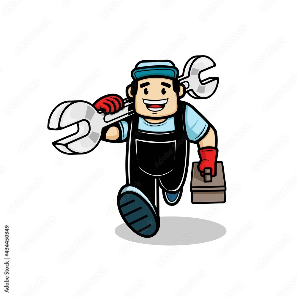 Plumber man running and carries a spanner and a box of equipment in his hand. vector illustration