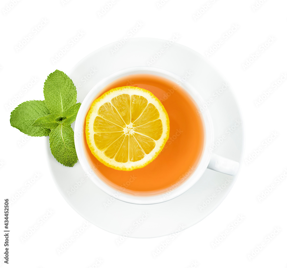 tea in a white mug with lemon and mint on an isolated white background. top view tea in a white mug with lemon and mint on an isolated white background. top view