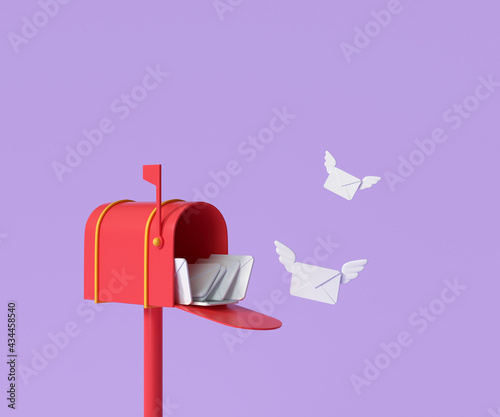 Fotografiet 3D Red mailbox with flying envelope, mail delivery, and newsletter concept