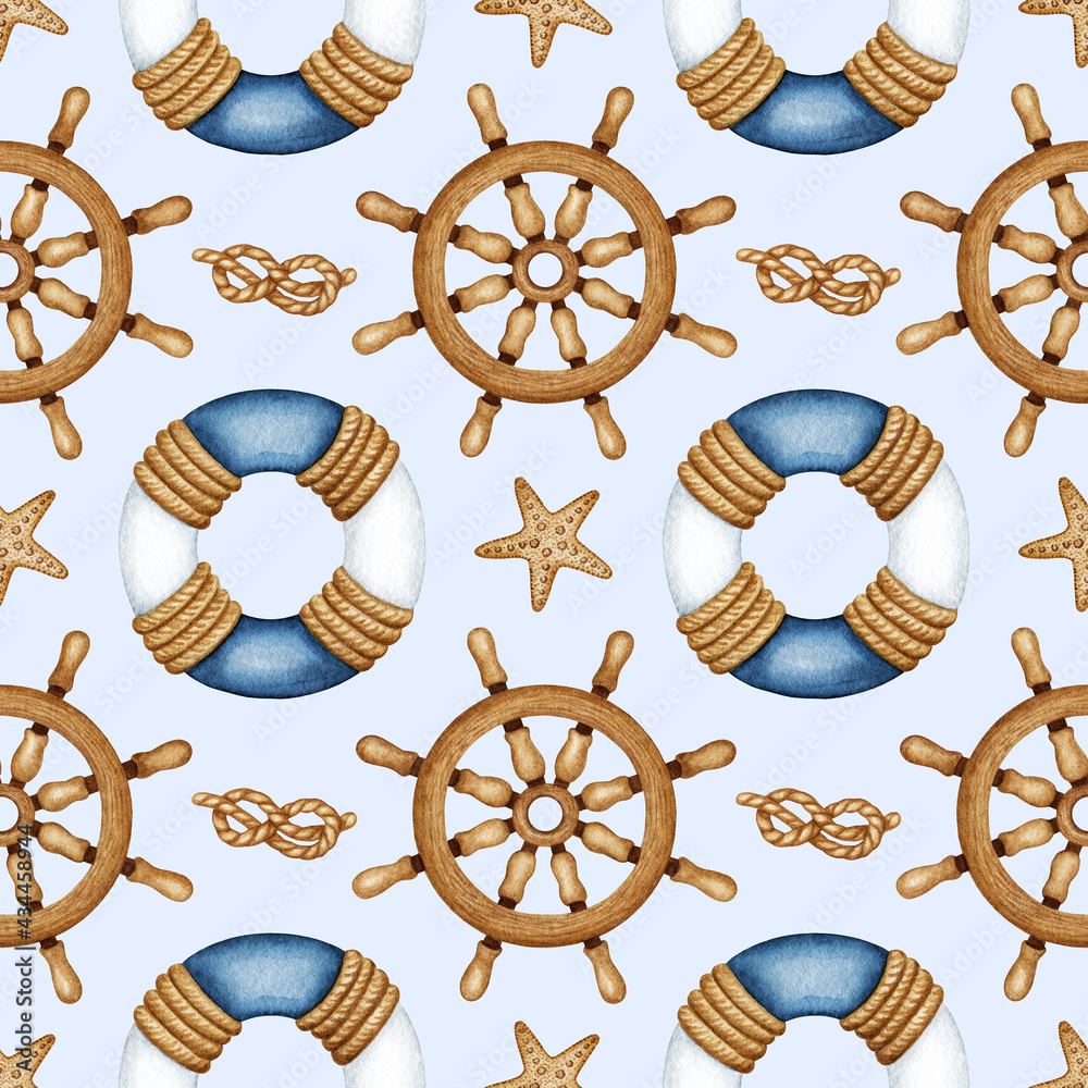 Watercolor Nautical Vessel Equipment, Traveling, Sea Life marine seamless pattern. Ship Navigation. Lifebuoy, Steering wheel, Rope Knot, Starfish. Hand drawn maritime background for kid print design