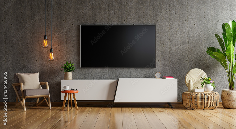 Mockup cabinet a TV wall mounted in a cement room with a wooden wall. Mockup cabinet a TV wall mounted in a cement room with a wooden wall.
