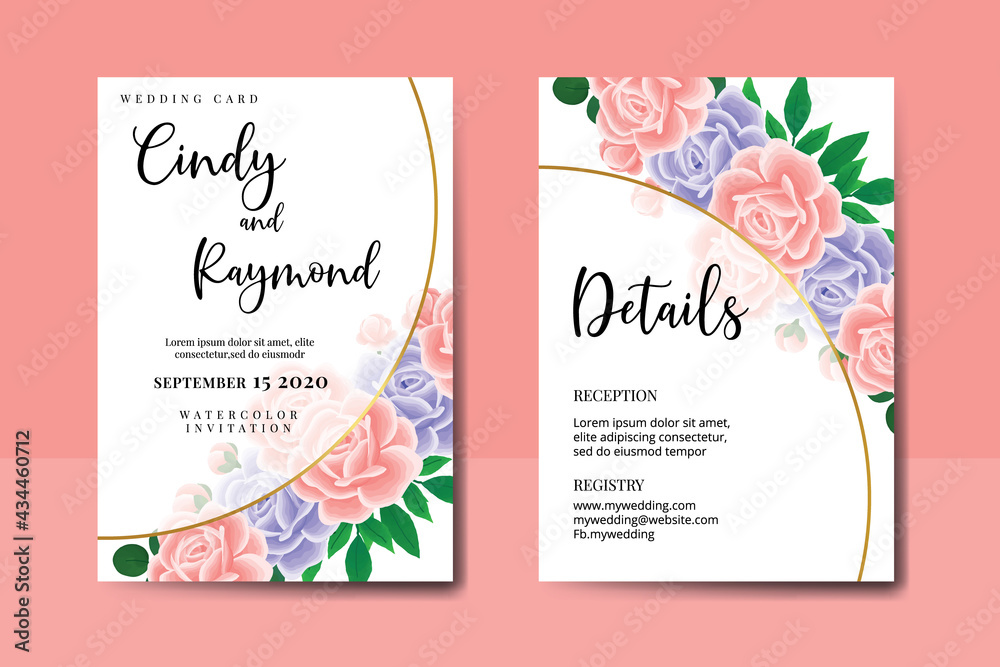 Wedding invitation frame set, digital art hand drawn Watercolor Pink and Purple Rose Flower design Invitation Card Template