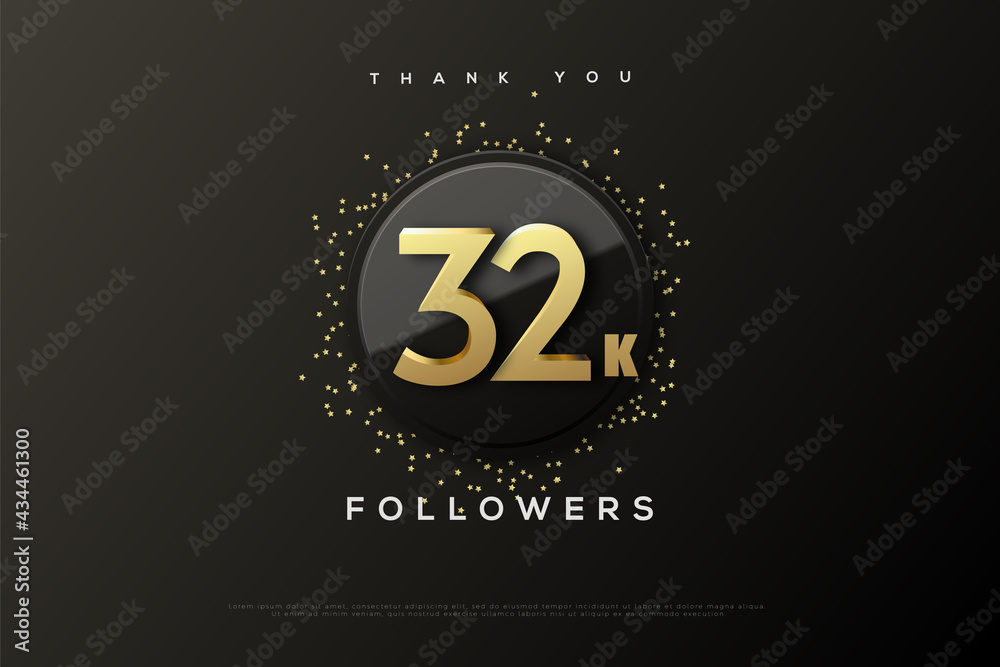 Thank you 32k followers with gray and black circle background with slanted color position.