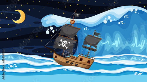 Ocean with Pirate ship at night scene in cartoon style