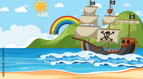 Ocean with Pirate ship at day time scene in cartoon style