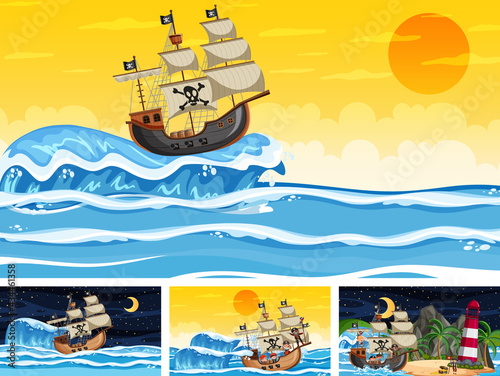 Set of different beach scenes with pirate ship