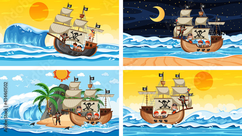 Set of different beach scenes with pirate ship and pirate cartoon character