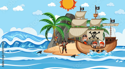 Beach with Pirate ship at daytime scene in cartoon style