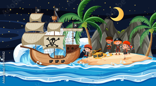 Treasure Island scene at night with Pirate kids