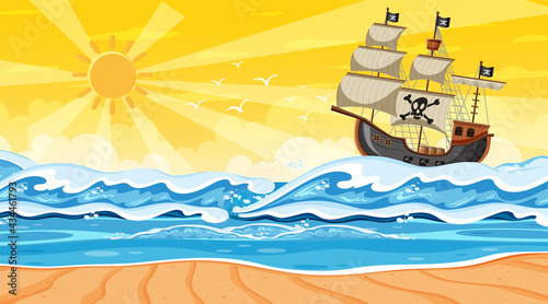 Beach scene at sunset time with Pirate ship in cartoon style