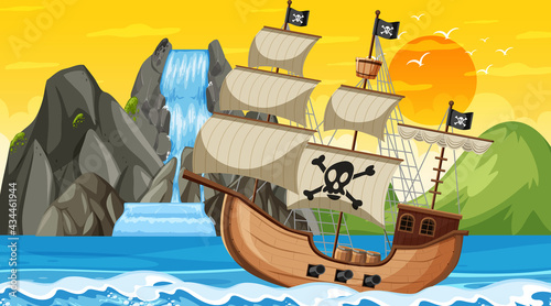 Ocean with Pirate ship at sunset time scene in cartoon style
