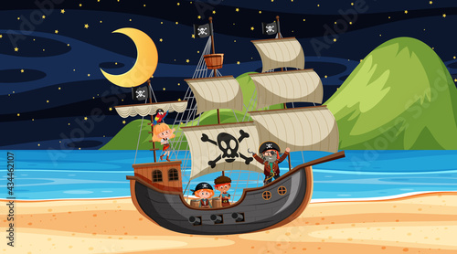 Beach with Pirate ship at night scene in cartoon style