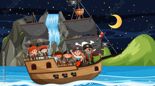 Treasure Island scene at night with Pirate kids on the ship