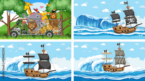 Set of different scenes with pirate ship at the sea and animals in the zoo