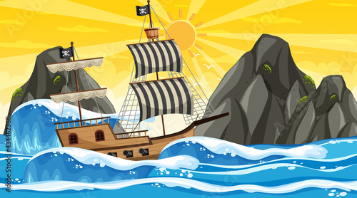 Ocean with Pirate ship at sunset time scene in cartoon style