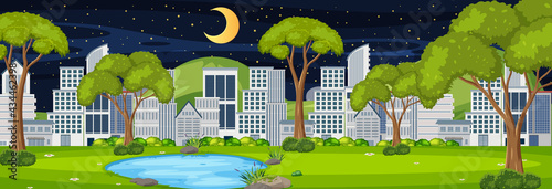 Park horizontal scene with cityscape background at night time