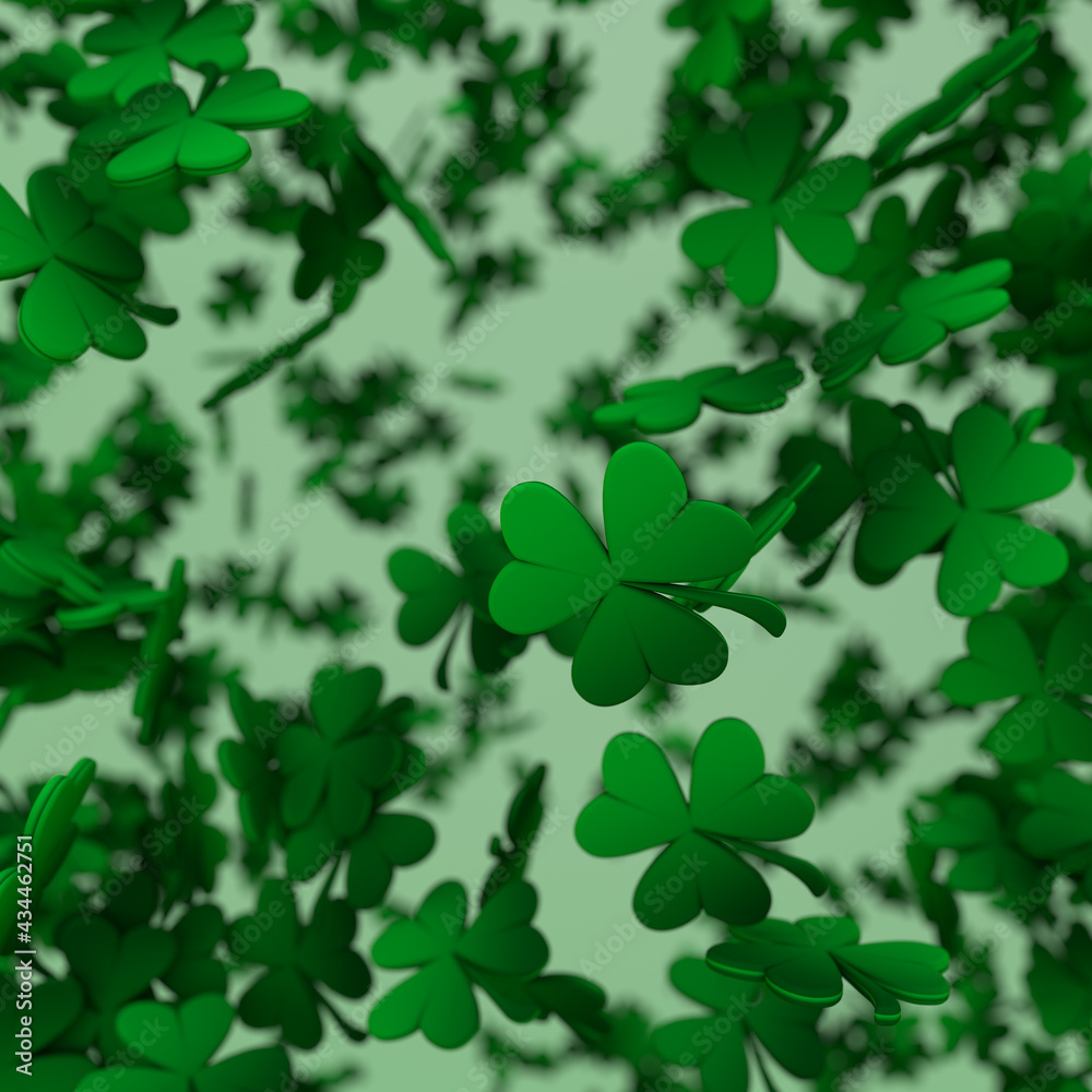 Shamrock and clover on a green background, St. Patrick's Day celebration and irish symbol, 3d illustration Shamrock and clover on a green background, St. Patrick's Day celebration and irish symbol, 3d illustration