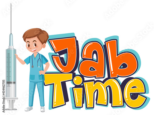A doctor holding vaccine syringe with Jab Time font logo