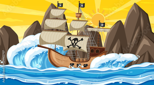 Ocean with Pirate ship at sunset time scene in cartoon style