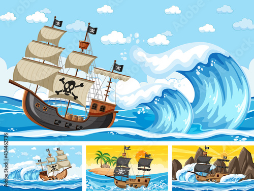 Set of ocean scenes at different times with Pirate ship in cartoon style
