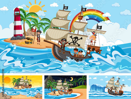 Four different beach scenes with pirate ship