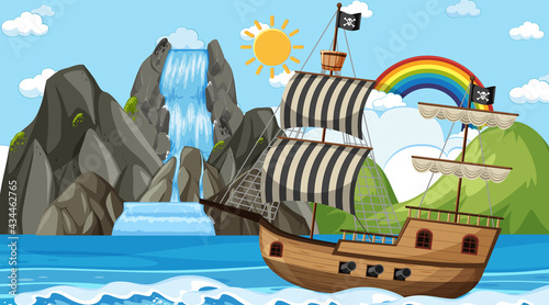 Ocean with Pirate ship at day time scene in cartoon style