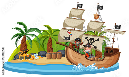 Pirate ship on island with many kids isolated on white background