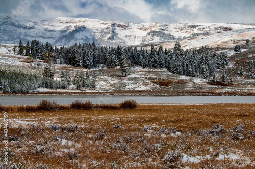 snow capped Gallatin mountain range in Yellowstone National park durung autumn. photo