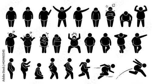 Overweight fat man basic poses and postures stick figure character pictogram. Vector illustrations depict obese men or human male with different emotions, feelings, poses, actions, and movements. photo