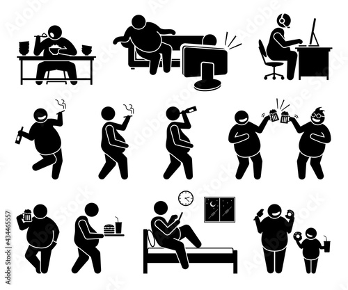 Fat man leading an unhealthy lifestyle. Vector illustrations of obese man overeating, sedentary lifestyle, inactive, drinking alcohol beer, smoking cigarette, eating unhealthy food, and sleeping late. photo