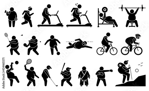Fat man exercise at gym and playing sport for weight loss, fitness, and active lifestyle. Vector illustrations depict obese man exercising, workout, and playing
