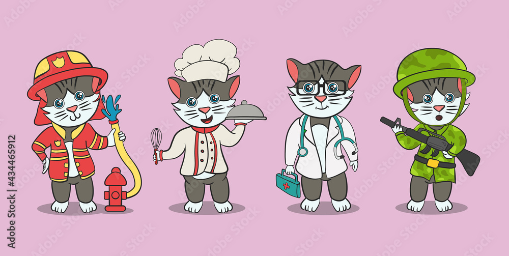 Cute cat wearing different job uniforms