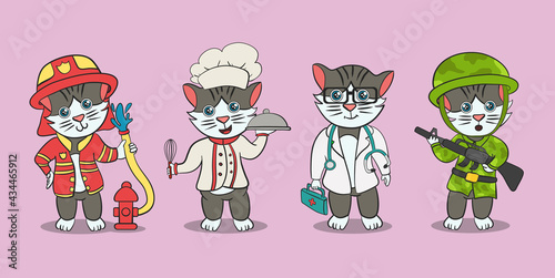 Cute cat wearing different job uniforms