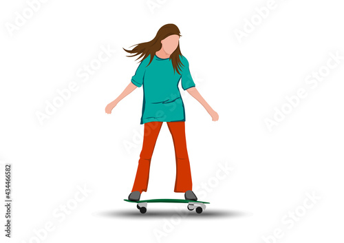 vector image girl cartoon character riding a skateboard or surf skate illustration white background
