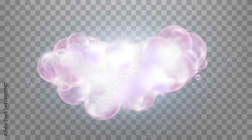 Realistic pink foam soap with bubbles of soapy water. Design elements for washing powder, shampoo, skin cosmetics..Isolated on a transparent background.