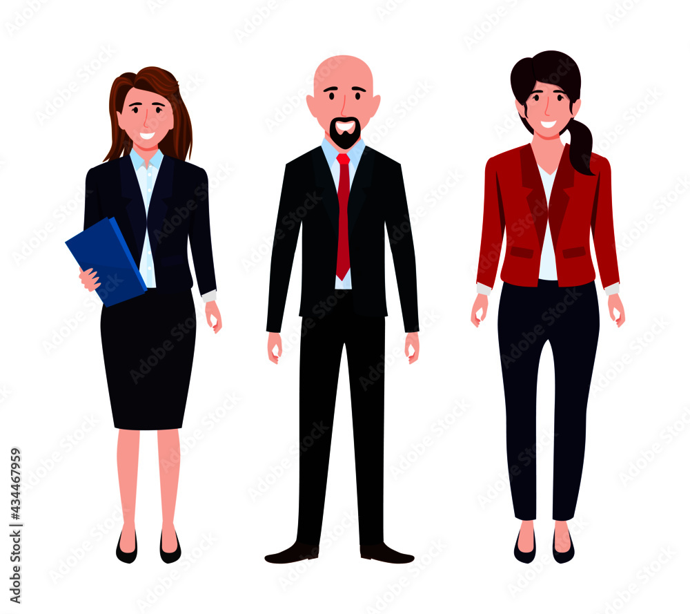 Businessman and businesswoman characters team wearing business outfit standing with bag isolated Businessman and businesswoman characters team wearing business outfit standing with bag isolated