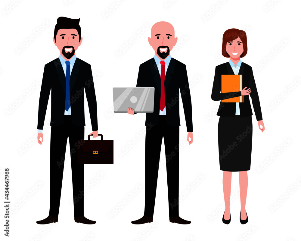 Businessman and businesswoman characters team wearing business outfit standing with laptops bag file isolated Businessman and businesswoman characters team wearing business outfit standing with laptops bag file isolated