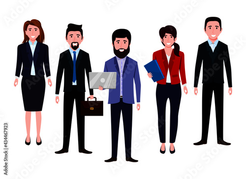 Businessman and businesswoman characters team wearing business outfit standing with laptops bag file with cheerful expression