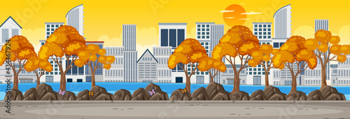 Park horizontal scene with cityscape background at sunset time