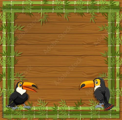 Empty banner with bamboo frame and toucan cartoon character