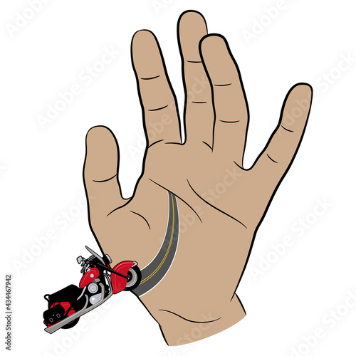 Open human palm and sportive motorbike riding its Life Line. Creative palmistry concept for active lifestyle.