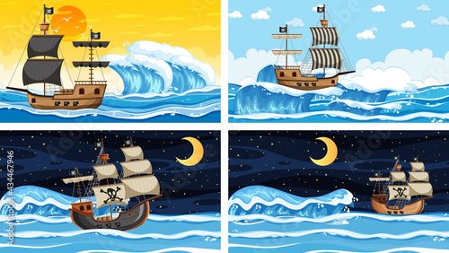 Set of different beach scenes with pirate ship