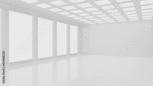 3D Rendering of white empty room with lights from large windows and fluorescent light. Large space area for text or product advertising background
