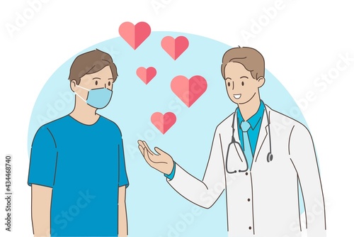 Doctor is giving advice to man patients at clinic in healthcare and medical concept. Hand draw style. Vector illustration.