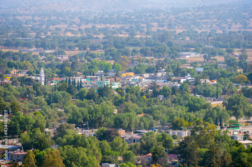 Aerial view of Capilla La Asuncion de Maria church in San Sebastian Xolalpa in State of Mexico, Mexico. 