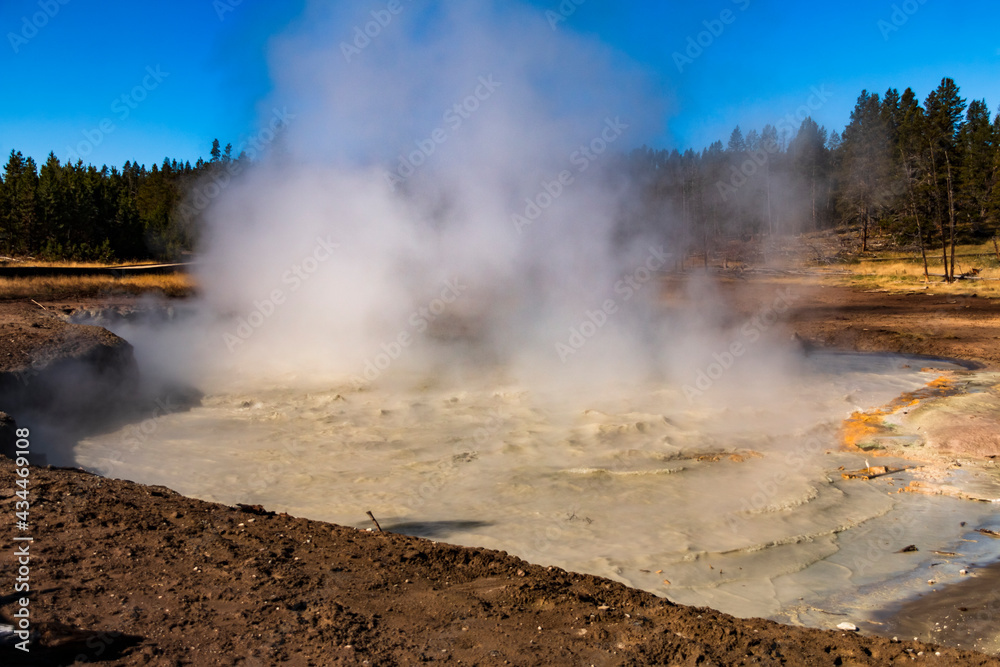bubbling, steaming hot springs, mud pools ,geothermal features in Yellowstone National Park in Wyoming.